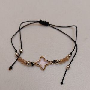 Chic Girly Lucky Charm Pink Quatrefoil Center Champagne Beads Macrame Bracelet